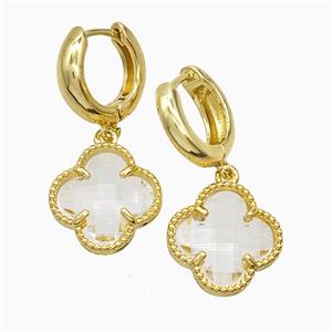 Copper Clover Hoop Earrings Pave Clear Crystal Glass Gold Plated, approx 16mm, 15mm dia [FN51608]