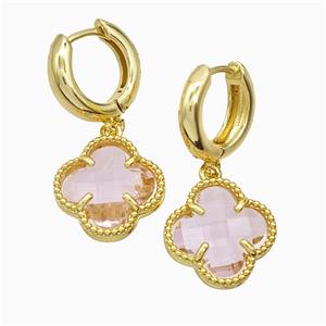 Copper Clover Hoop Earrings Pave Pink Crystal Glass Gold Plated, approx 16mm, 15mm dia [FN51609]