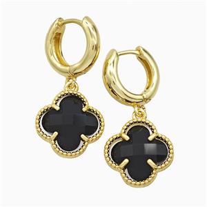 Copper Clover Hoop Earrings Pave Black Crystal Glass Gold Plated, approx 16mm, 15mm dia [FN51610]