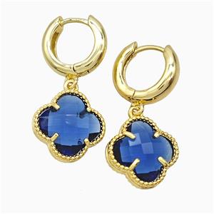 Copper Clover Hoop Earrings Pave Blue Crystal Glass Gold Plated, approx 16mm, 15mm dia [FN51611]