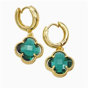 Copper Clover Hoop Earrings Pave Green Crystal Glass Gold Plated, approx 16mm, 15mm dia [FN51612]
