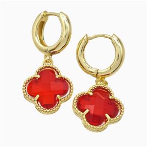 Copper Clover Hoop Earrings Pave Red Crystal Glass Gold Plated, approx 16mm, 15mm dia [FN51613]