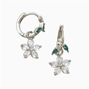 Copper Flower Hoop Earrings Pave Crystal Glass Platinum Plated, approx 10mm, 14mm dia [FN51614]