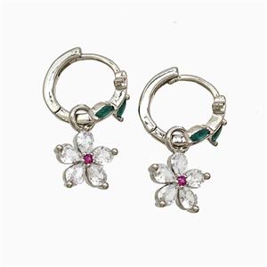 Copper Flower Hoop Earrings Pave Crystal Glass Platinum Plated, approx 10mm, 14mm dia [FN51616]