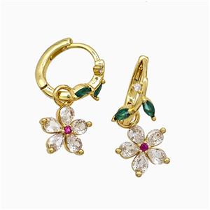Copper Flower Hoop Earrings Pave Crystal Glass Gold Plated, approx 10mm, 14mm dia [FN51617]