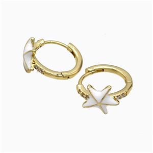 Copper Starfish Hoop Earrings White Enamel Gold Plated, approx 11mm, 16mm dia [FN51620]
