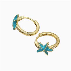 Copper Starfish Hoop Earrings Blue Enamel Gold Plated, approx 11mm, 16mm dia [FN51621]