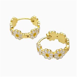 Copper Flower Hoop Earrings White Enamel Gold Plated, approx 6mm, 17mm dia [FN51622]