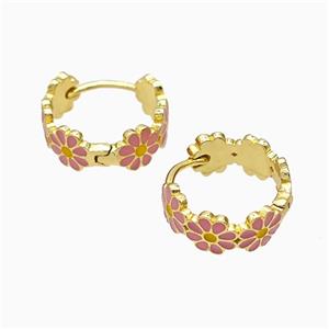 Copper Flower Hoop Earrings Pink Enamel Gold Plated, approx 6mm, 17mm dia [FN51623]