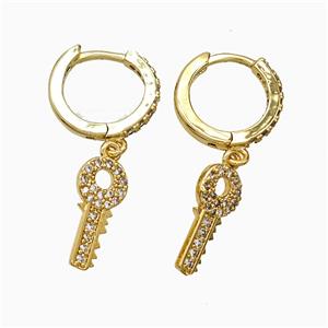 Copper Key Hoop Earrings Pave Zirconia Gold Plated, approx 7-15mm, 14mm dia [FN51625]