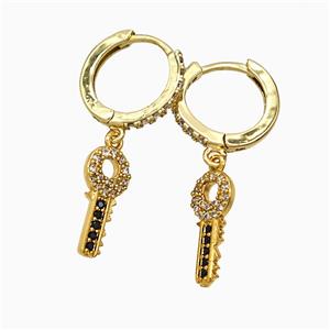 Copper Key Hoop Earrings Pave Zirconia Gold Plated, approx 7-15mm, 14mm dia [FN51626]
