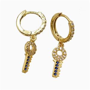 Copper Key Hoop Earrings Pave Zirconia Gold Plated, approx 7-15mm, 14mm dia [FN51627]