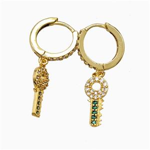Copper Key Hoop Earrings Pave Zirconia Gold Plated, approx 7-15mm, 14mm dia [FN51628]