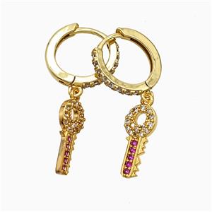 Copper Key Hoop Earrings Pave Zirconia Gold Plated, approx 7-15mm, 14mm dia [FN51629]