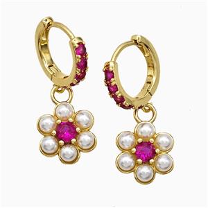 Copper Flower Hoop Earrings Pave Zirconia Pearlized Resin Gold Plated, approx 13mm, 14mm dia [FN51649]