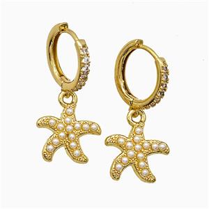 Copper Starfish Hoop Earrings Pave Zirconia Pearlized Resin Gold Plated, approx 13.5mm, 14mm dia [FN51650]