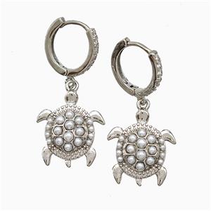 Copper Tortoise Hoop Earrings Pave Pearlized Resin Platinum Plated, approx 16-18mm, 14mm dia [FN51651]