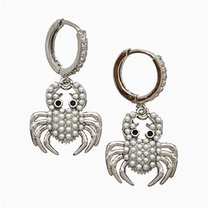 Copper Crab Hoop Earrings Pave Pearlized Resin Platinum Plated, approx 17mm, 14mm dia [FN51653]