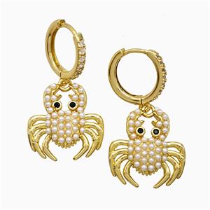 Copper Crab Hoop Earrings Pave Pearlized Resin Gold Plated, approx 17mm, 14mm dia [FN51654]