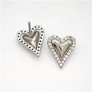 Copper Heart Stud Earrings Pave Zirconia Platinum Plated, approx 10-12mm [FN51675]