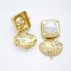 Copper Scallop Shell Stud Earrings Pave Pearlized Resin Gold Plated, approx 14-17mm, 14mm [FN51688]