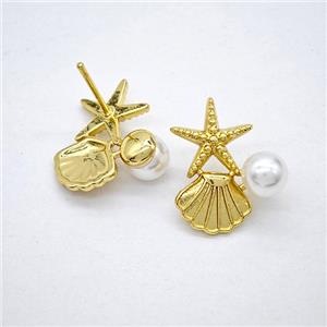 Copper Starfish Scallop Stud Earrings Pave Pearlized Resin Gold Plated, approx 7mm, 12-20mm [FN51689]