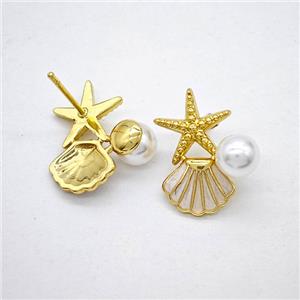 Copper Starfish Scallop Stud Earrings Pave Pearlized Resin Enamel Gold Plated, approx 7mm, 12-20mm [FN51690]