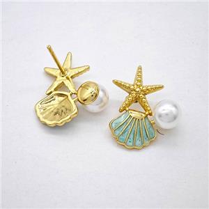Copper Starfish Scallop Stud Earrings Pave Pearlized Resin Enamel Gold Plated, approx 7mm, 12-20mm [FN51691]