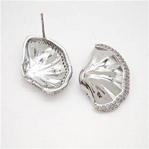 Copper Scallop Shell Stud Earrings Pave Zirconia Platinum Plated, approx 18-25mm [FN51698]