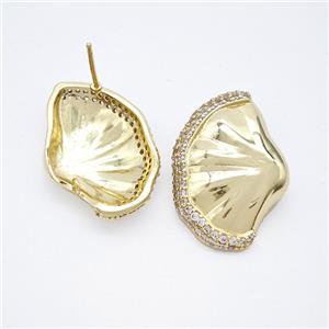 Copper Scallop Shell Stud Earrings Pave Zirconia Gold Plated, approx 18-25mm [FN51699]