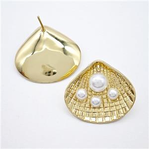 Copper Scallop Shell Stud Earrings Pave Pearlized Resin Gold Plated, approx 26-30mm [FN51700]