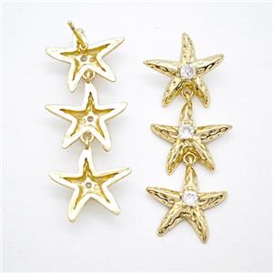 Copper Starfish Stud Earrings Pave Zirconia Gold Plated, approx 16-43mm [FN51704]