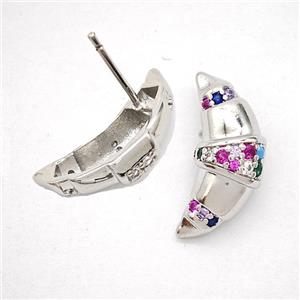 Copper Moon Stud Earrings Pave Multicolor Zirconia Platinum Plated, approx 7-18mm [FN51706]