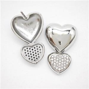 Copper Heart Stud Earrings Pave Zirconia Platinum Plated, approx 12-25mm [FN51713]
