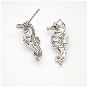Copper Seahorse Stud Earrings Pave Zirconia Platinum Plated, approx 10-20mm [FN51715]
