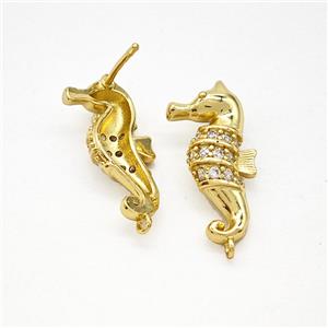 Copper Seahorse Stud Earrings Pave Zirconia Gold Plated, approx 10-20mm [FN51716]