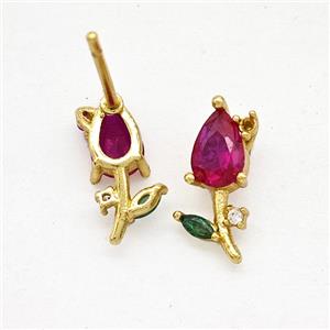 Copper Flower Stud Earrings Pave Crystal Glass Gold Plated, approx 4-12mm [FN51722]