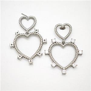 Copper Heart Stud Earrings Pave Zirconia Platinum Plated, approx 12mm, 25mm [FN51723]