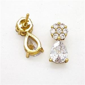 Copper Flower Stud Earrings Pave Zirconia Crystal Glass Teardrop Gold Plated, approx 6-14mm [FN51731]