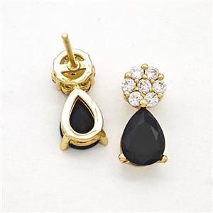 Copper Flower Stud Earrings Pave Zirconia Black Crystal Glass Teardrop Gold Plated, approx 6-14mm [FN51732]