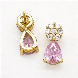 Copper Flower Stud Earrings Pave Zirconia Pink Crystal Glass Teardrop Gold Plated, approx 6-14mm [FN51733]
