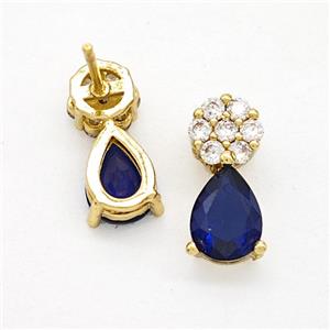 Copper Flower Stud Earrings Pave Zirconia Blue Crystal Glass Teardrop Gold Plated, approx 6-14mm [FN51734]