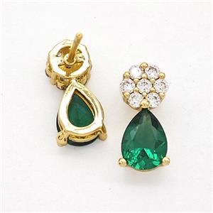 Copper Flower Stud Earrings Pave Zirconia Green Crystal Glass Teardrop Gold Plated, approx 6-14mm [FN51735]