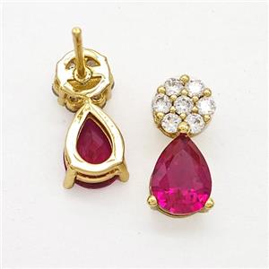 Copper Flower Stud Earrings Pave Zirconia Red Crystal Glass Teardrop Gold Plated, approx 6-14mm [FN51736]