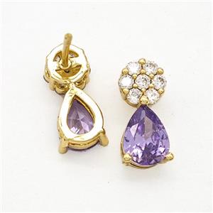 Copper Flower Stud Earrings Pave Zirconia Purple Crystal Glass Teardrop Gold Plated, approx 6-14mm [FN51737]