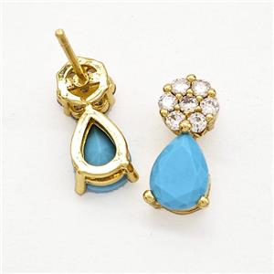 Copper Flower Stud Earrings Pave Zirconia Blue Crystal Glass Teardrop Gold Plated, approx 6-14mm [FN51738]