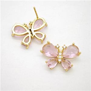 Copper Butterfly Stud Earrings Pave Pink Crystal Glass Gold Plated, approx 15-20mm [FN51743]