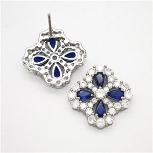 Copper Flower Stud Earrings Pave Zirconia Blue Crystal Glass Platinum Plated, approx 16-19mm [FN51746]
