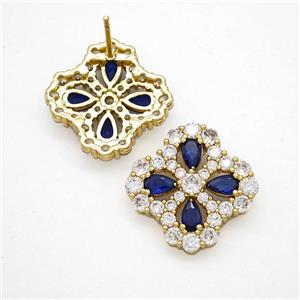 Copper Flower Stud Earrings Pave Zirconia Blue Crystal Glass Gold Plated, approx 16-19mm [FN51750]