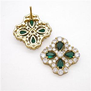 Copper Flower Stud Earrings Pave Zirconia Green Crystal Glass Gold Plated, approx 16-19mm [FN51751]